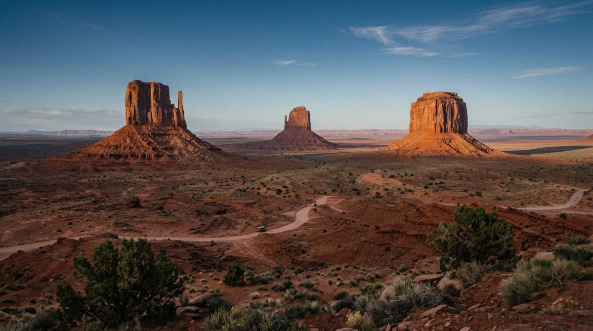 The Mitten Buttes and Merrick Butte lit by warm early morning sun in April, with a small open-air tour vehicle on the red dirt track, the best time to visit Monument Valley