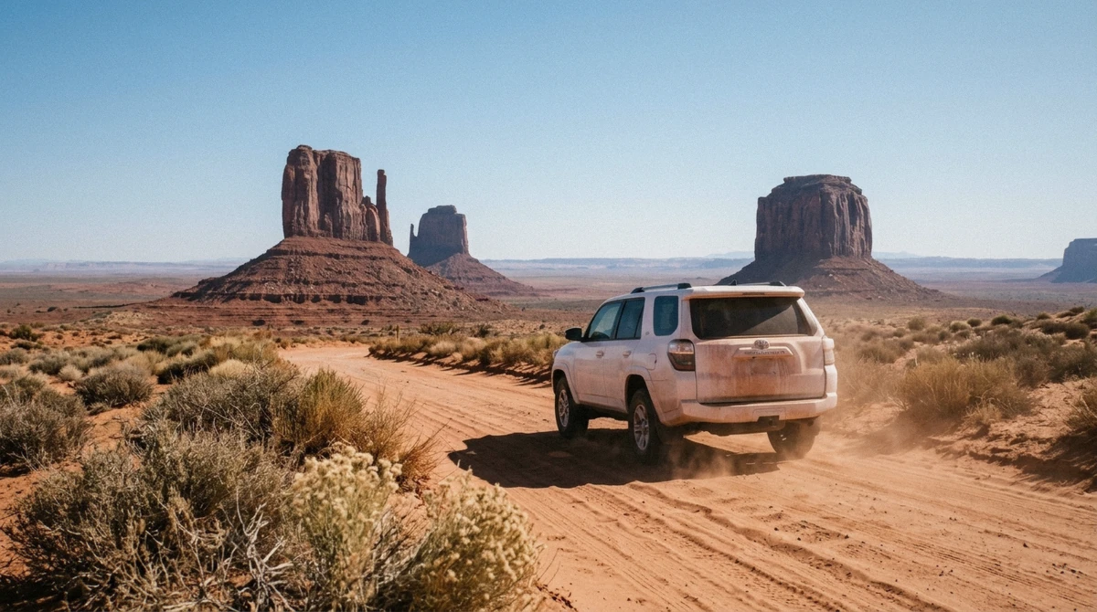 A private vehicle on the unpaved 17-mile Valley Drive loop during a Monument Valley self drive, red sandstone buttes in the distance