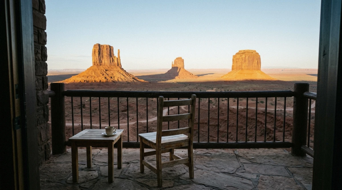 Balcony view of the Mitten Buttes at dawn from lodging where to stay near Monument Valley, Arizona