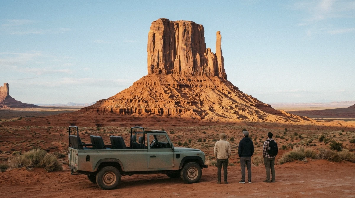 Travelers riding an open-air 4x4 through the Monument Valley backcountry on a guided tour worth the trip